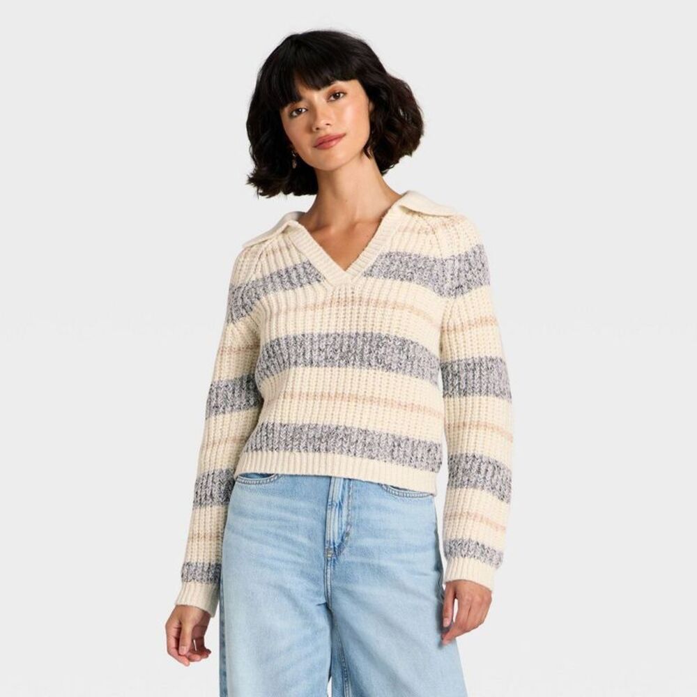 Women's Chunky Polo Collar Pullover Sweater - White/Navy Striped XL